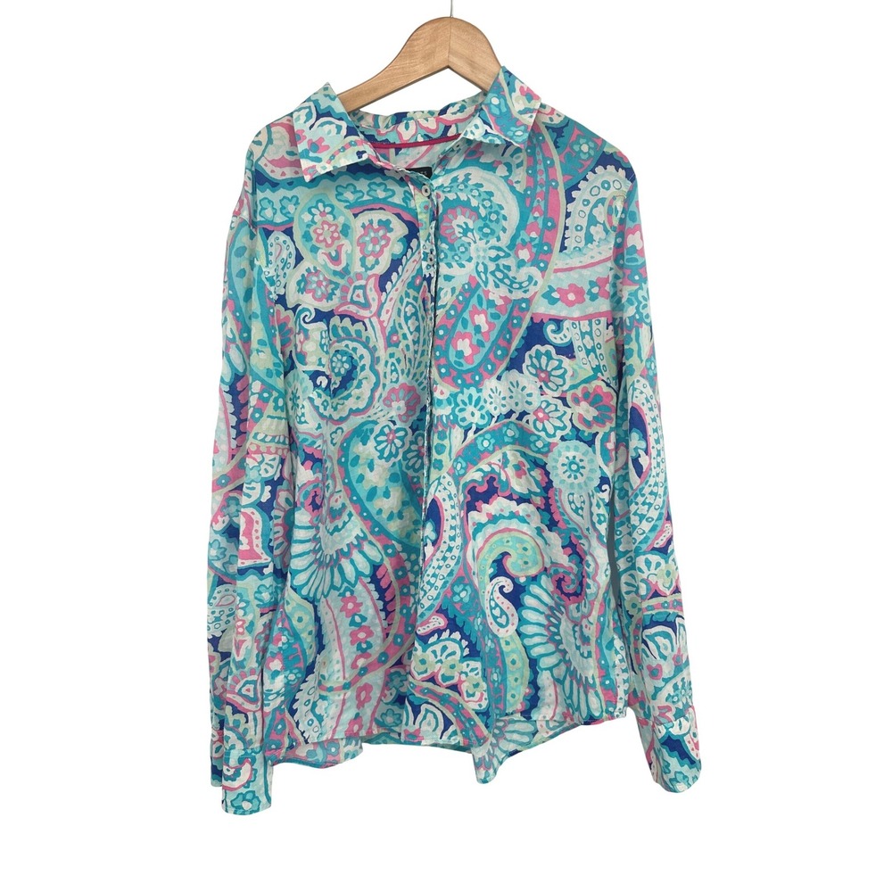Talbots Button Down Shirt Women L Blue Pink Paisley Cotton Preppy Coastal Boho